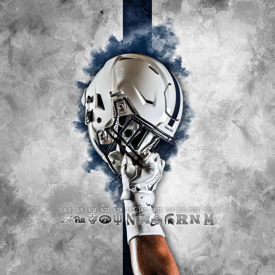 Hand in football glove holding helmet breaking through smoke against textured wall. — Penn State Wallpaper