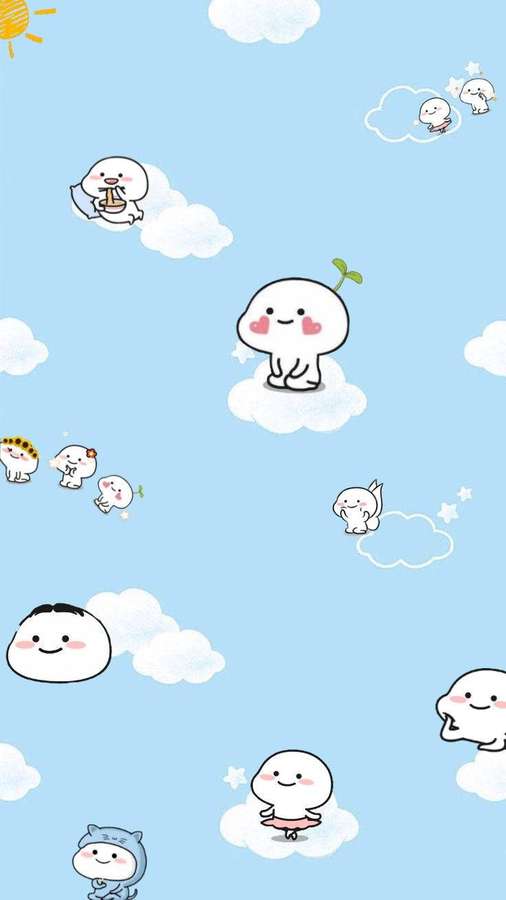 Cute cartoon characters floating on clouds in a bright blue sky with a smiling sun. — Pentol Picture