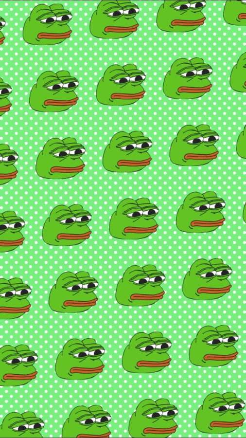 Green cartoon frogs with tired eyes on a light green polka dot background. — Pepe Background