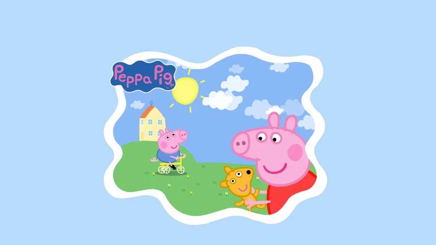 Peppa Pig and her brother riding bikes on a sunny green hill with a yellow house. — Peppa Pig iPad Wallpaper