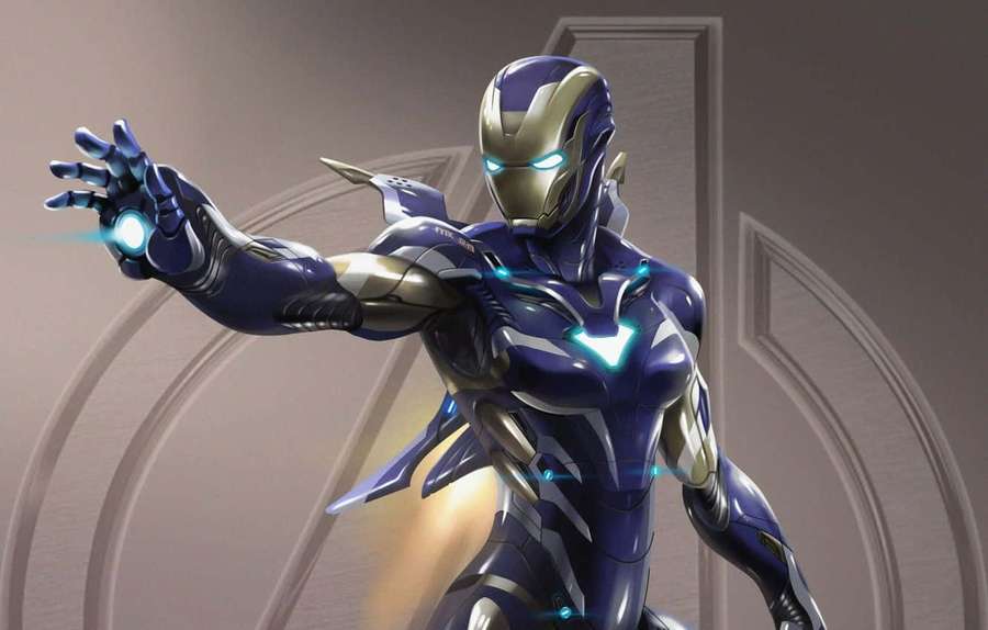 Iron Man in blue and gold armor extending glowing hand — Pepper Potts Wallpaper