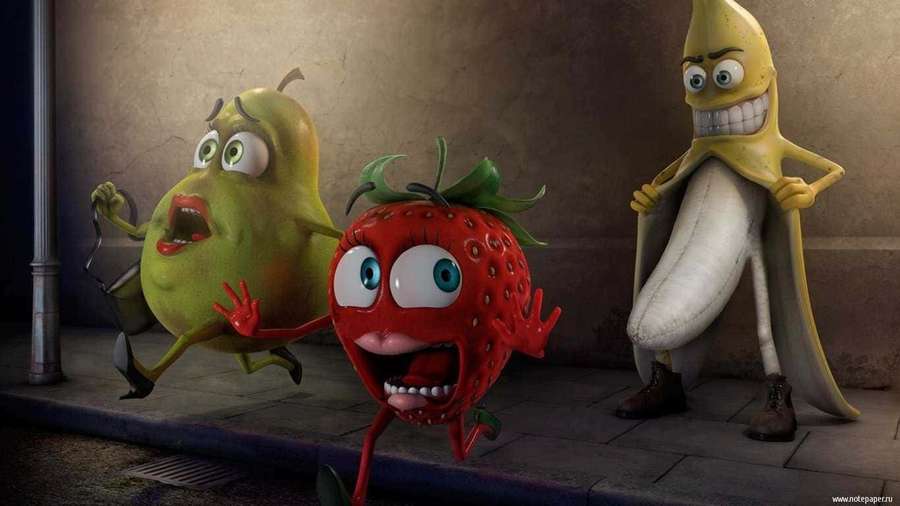 Tres frutas de dibujos animados con caras sorprendidas en una acera — Pera Fondos de pantalla
