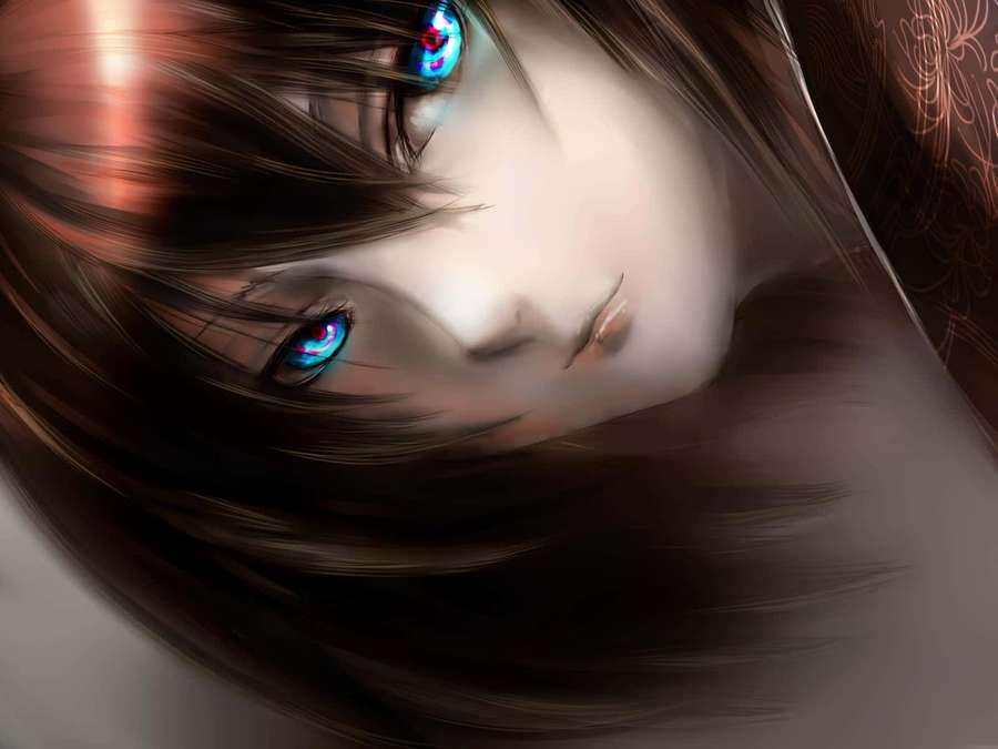 Anime girl with glowing blue eyes and dark hair in a soft portrait. — Perception Wallpaper