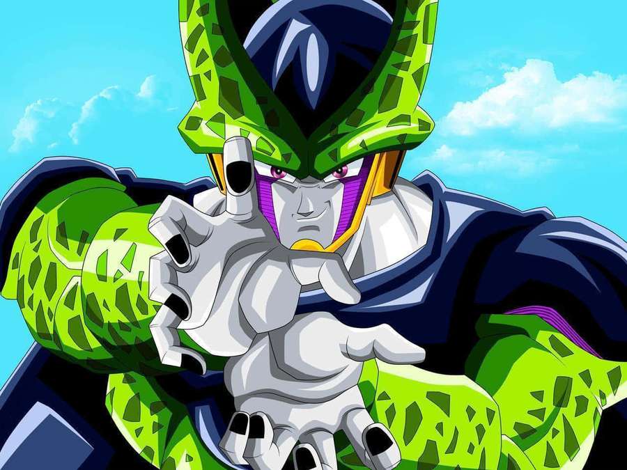 Green-skinned anime warrior with spiked helmet pointing finger forward under blue sky — Perfect Cell Wallpaper