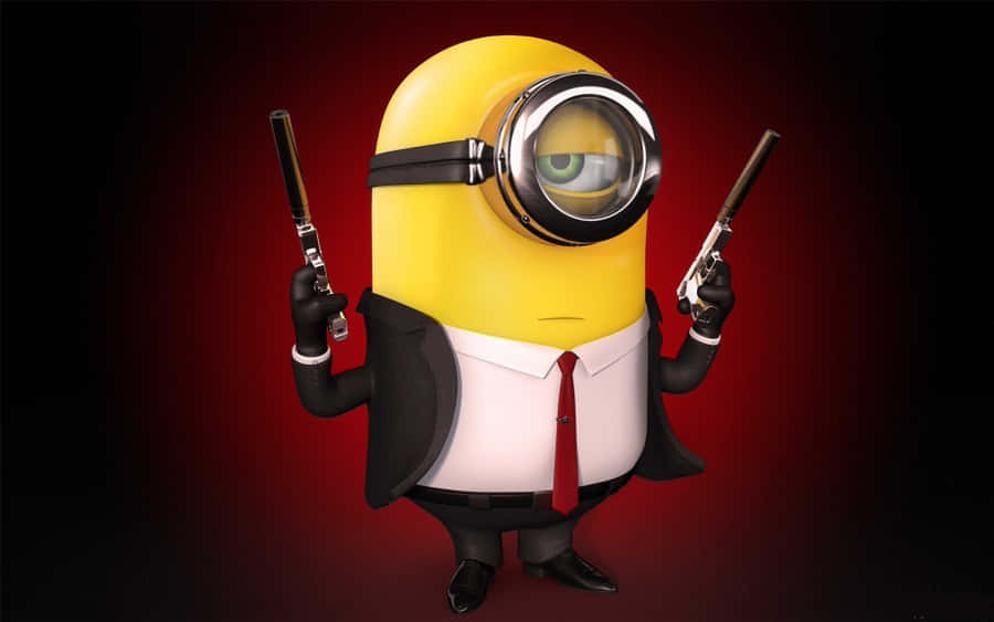 Un minion amarillo de dibujos animados con traje sosteniendo dos pistolas sobre un fondo rojo. — Perfil genial Imágenes