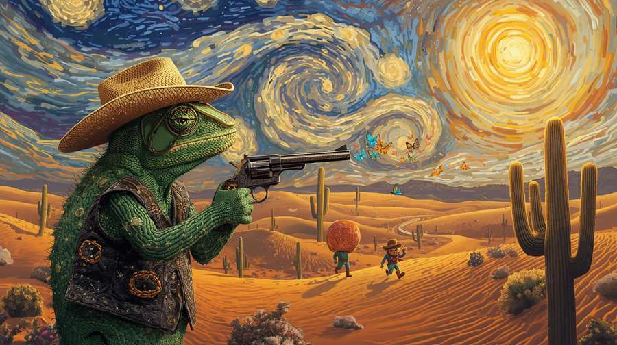 Kameleontti-cowboy tähtää revolverilla autiomaassa pyörteisen taivaan alla kaktuksien ja kaukaisten hahmojen kanssa — Perhonen Taide Taustakuvat