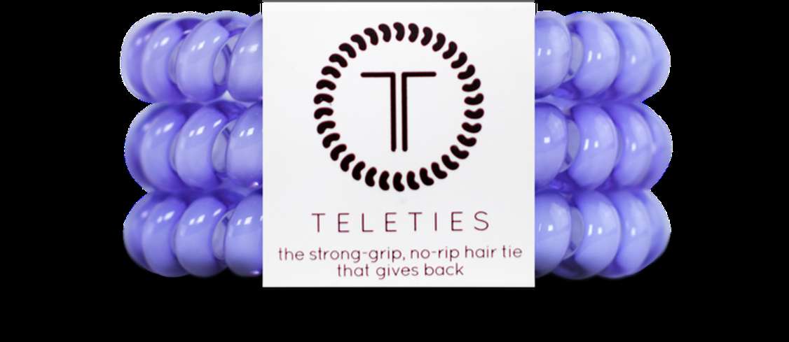 Purple Teleties hair ties with brand logo and tagline on white label. — Periwinkle PNG
