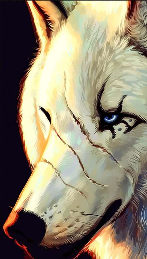 Un lobo blanco con ojos azules brillando bajo la luz dorada. — Perro blanco Imágenes