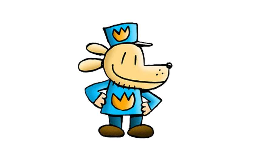 Perro de dibujos animados con uniforme azul y sombrero con emblema de llama amarilla de pie con las manos en las caderas. — Perro Hombre Fondos de pantalla
