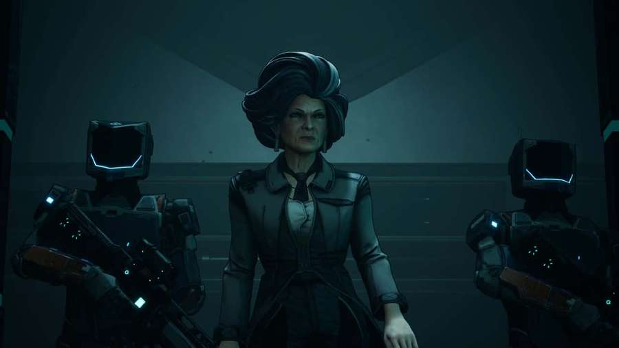 Una mujer con un abrigo oscuro se encuentra entre dos robots armados en un pasillo futurista tenue. — Personajes de Borderlands Fondos de pantalla
