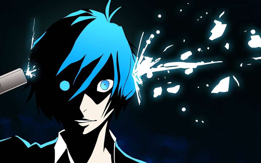 Personagem de anime com cabelo azul disparando uma arma de energia brilhante. — Pessoa 3 Papéis de Parede