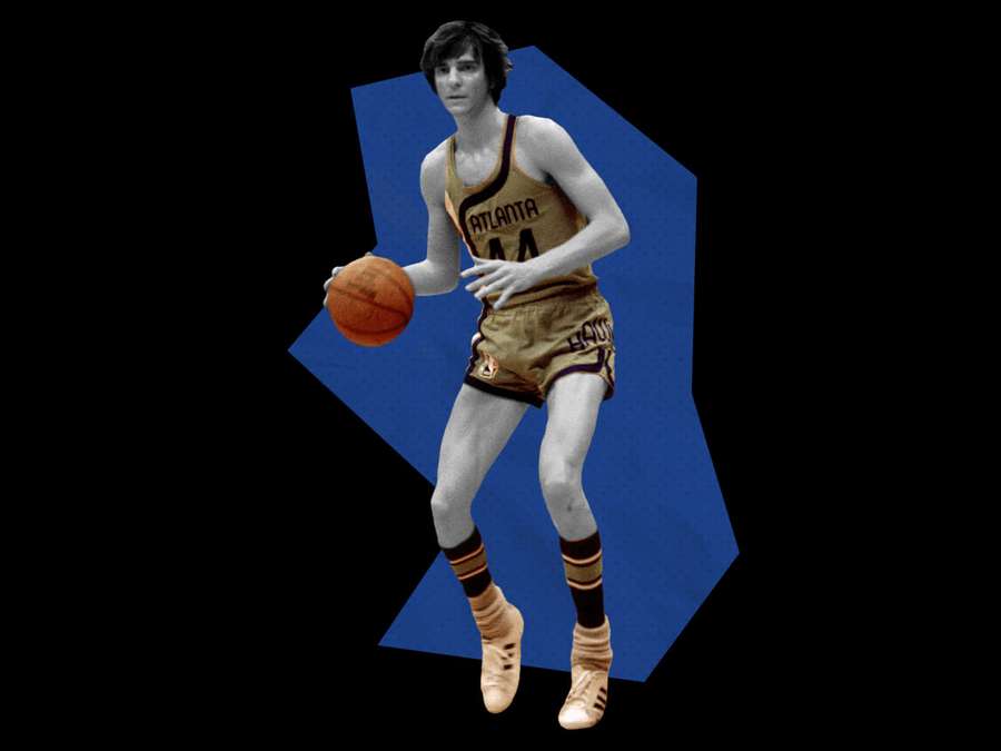 Vintage basketball player in Atlanta jersey dribbling ball on blue geometric background. — Pete Maravich Wallpaper