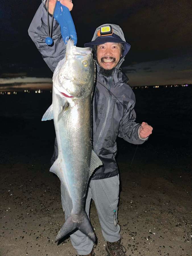 Hombre con barba y lámpara frontal sostiene orgullosamente un gran pez plateado por la noche cerca del agua. — Pez azul Fondos de pantalla