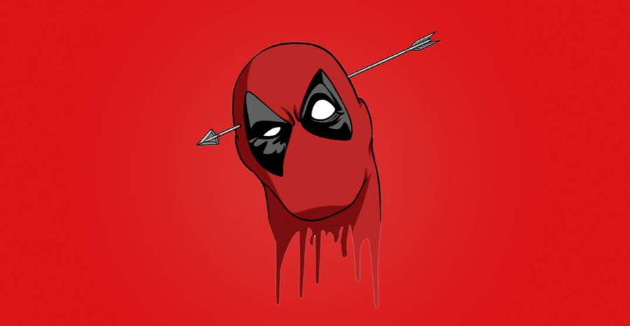 Deadpool-Cartoon-Kopf von Pfeilen durchbohrt, tropft rot auf rotem Hintergrund — Pfeil Wallpaper