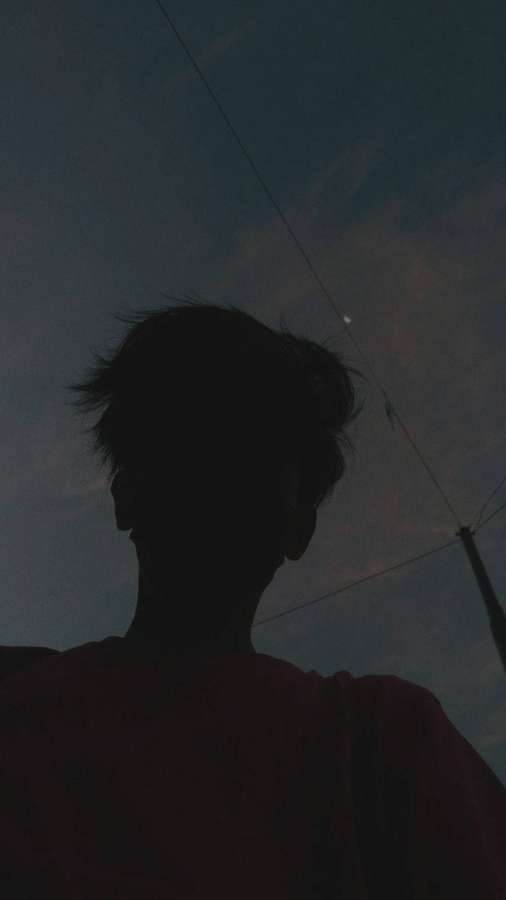 Person in Silhouette, die zu Abendhimmel mit Stromleitungen aufblickt. — Pfp Ästhetik Wallpaper