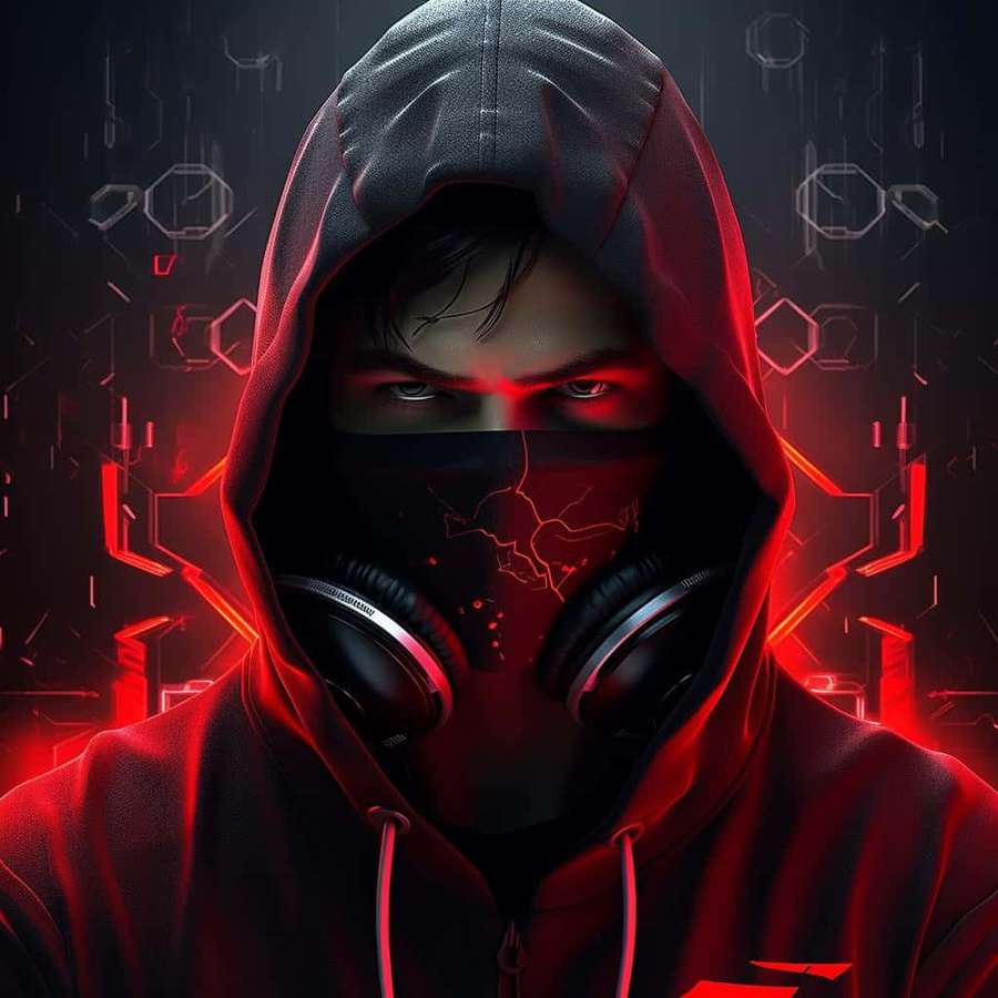 Gamer con sudadera oscura, ojos rojos brillantes y auriculares sobre fondo digital. — Pfp Hood Fondos de pantalla