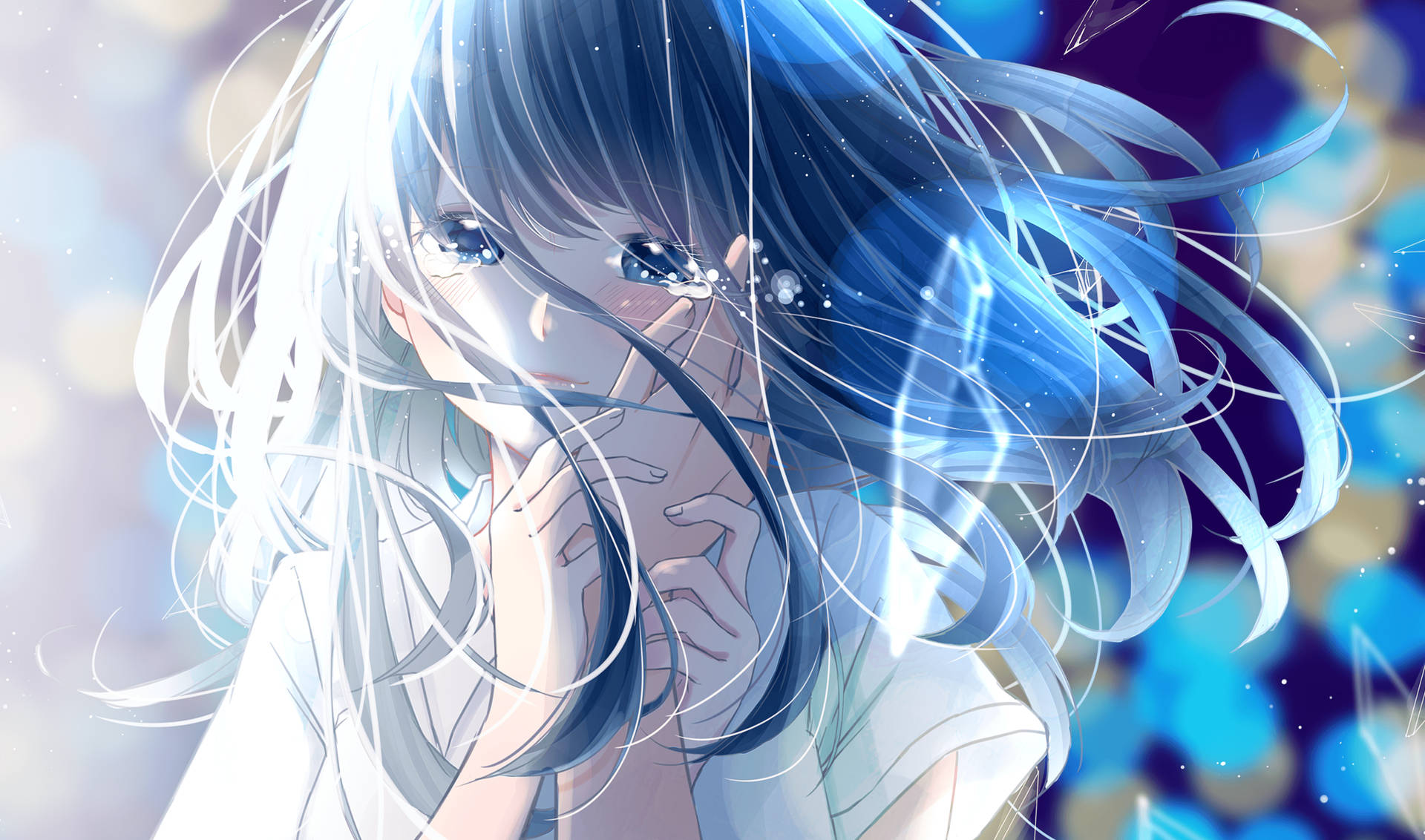 anime girl blue hair crying