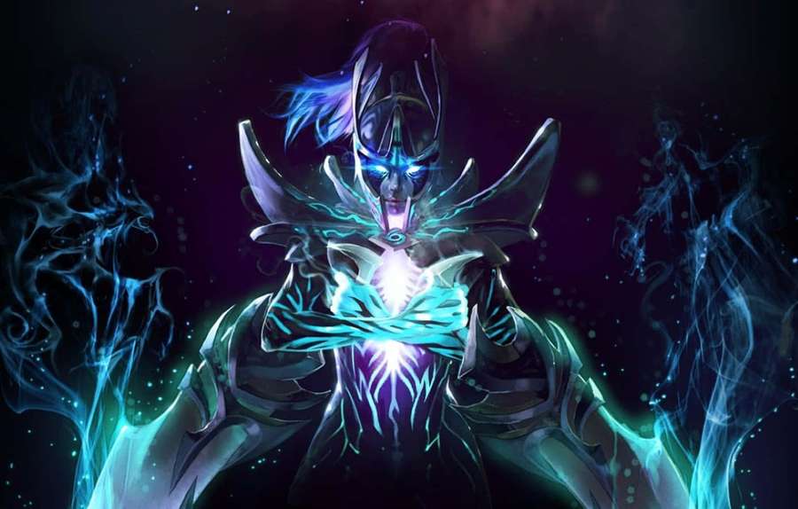 A glowing blue armored warrior with energy swirling around them in a dark cosmic scene. — Phantom Assassin Wallpaper