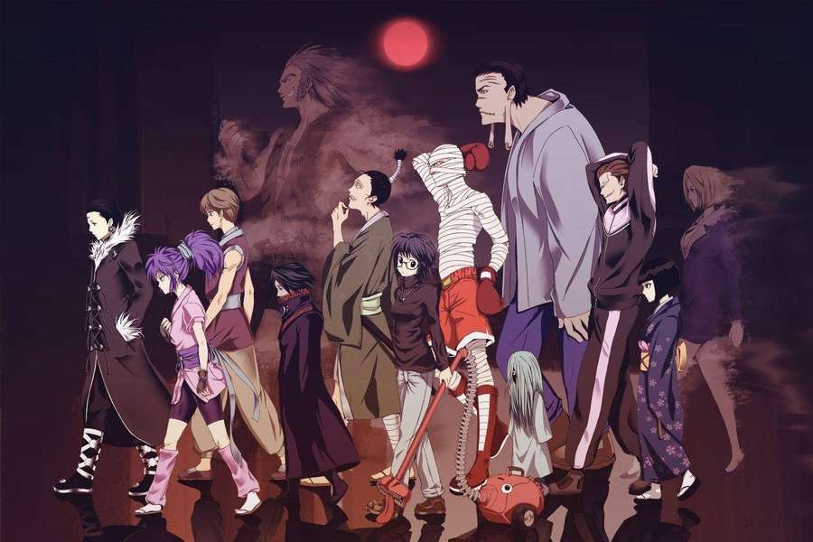Anime characters walking under a red moon with a ghostly figure behind them. — Phantom Background