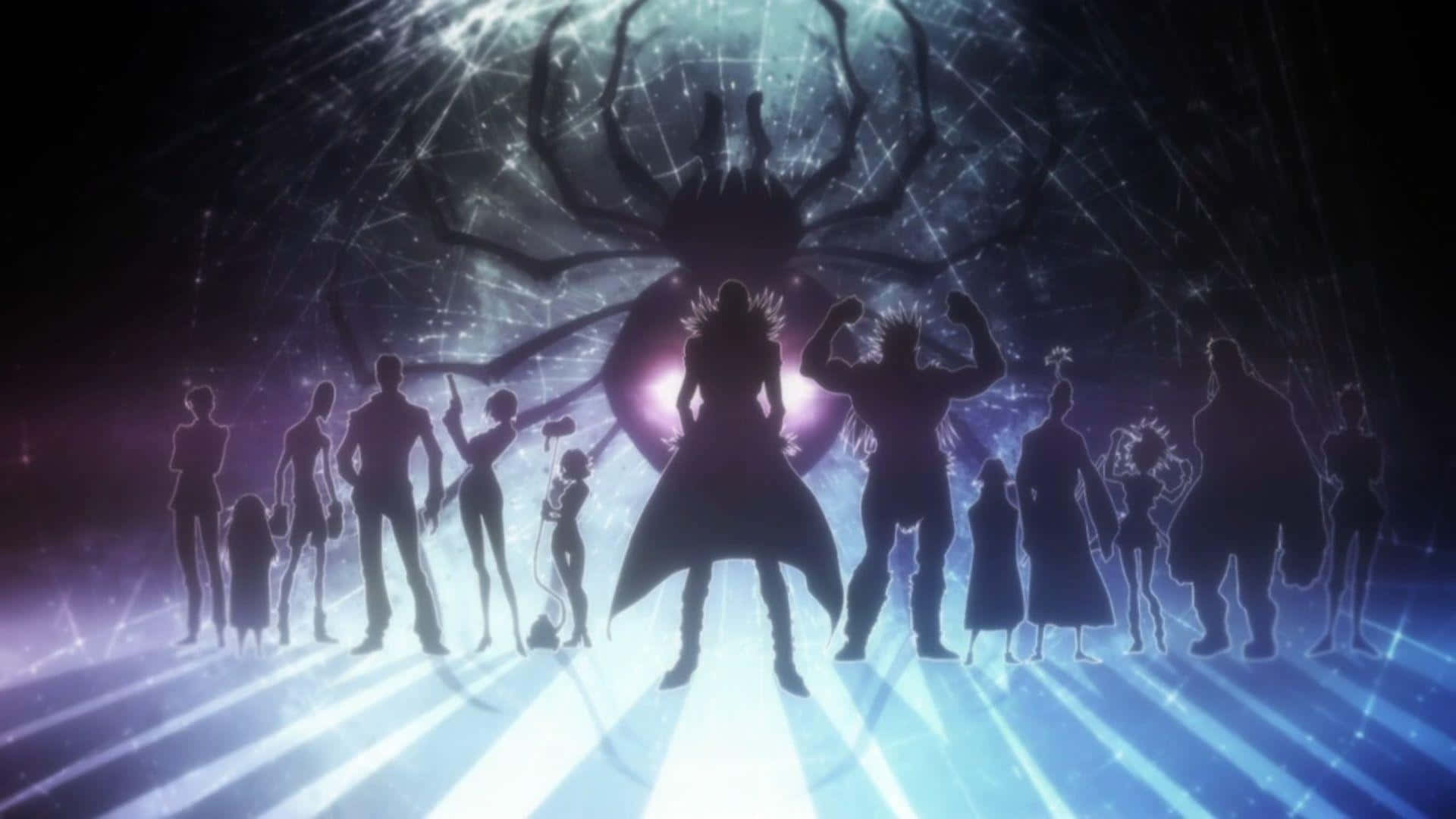Siluetas de grupo anime frente a araña gigante en escena cósmica con rayos brillantes. — Phantom Troupe Fondos de pantalla
