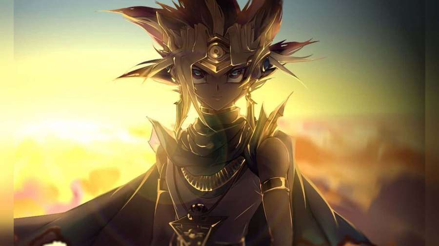 Anime hero with golden hair and headdress against a glowing sunset sky. — Pharaoh Atem Wallpaper
