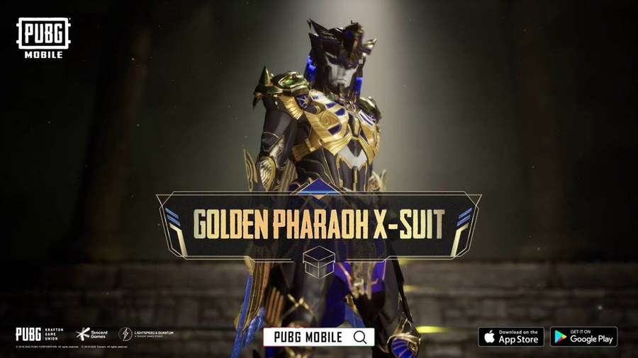 Personnage Golden Pharaoh X-Suit de PUBG Mobile dans une arène sombre avec projecteur. — Pharaoh Fonds d'écran