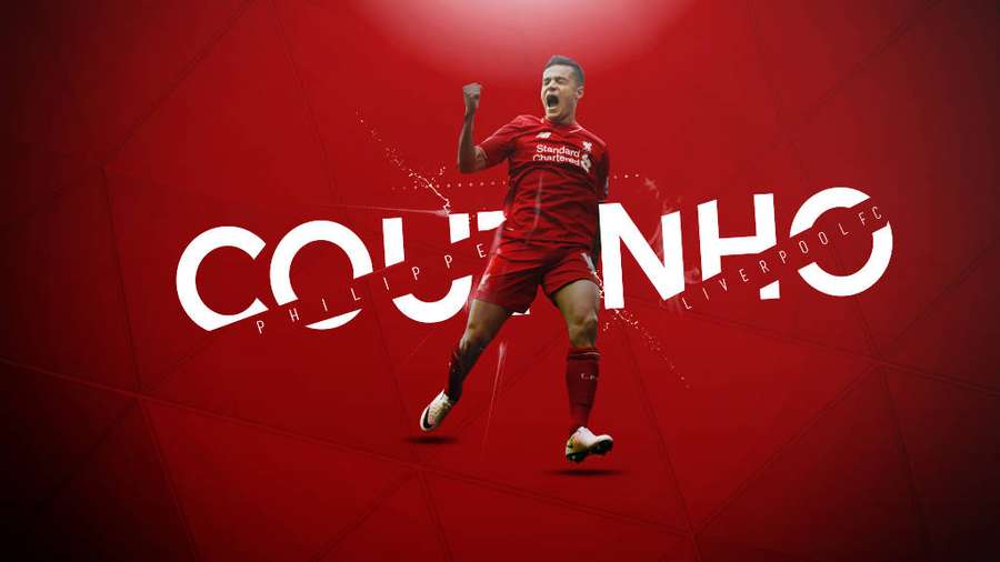 Jalkapalloilija Philippe Coutinho juhlii Liverpool FC -asussa punaista taustaa vasten. — Philippe coutinho Taustakuvat