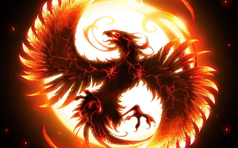 A fiery phoenix with glowing wings against a radiant sunburst. — Phoenix Background