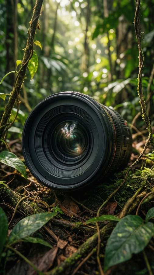 Phone camera lens embedded in lush jungle foliage with natural light, adventure wallpaper. — Phone Camera Wallpaper