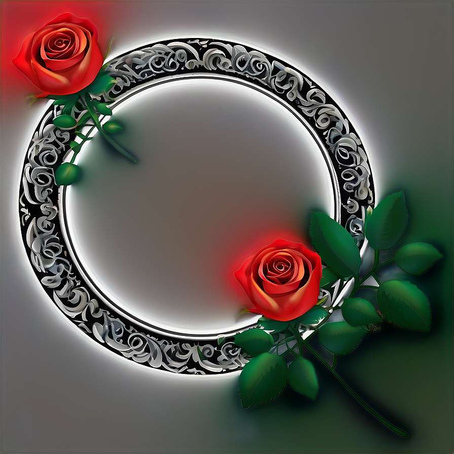 Circular ornate frame with red roses and green leaves glowing softly. — Photo Frames PNG