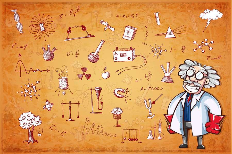 Cartoon scientist surrounded by science doodles and formulas on aged paper. — Physics Background