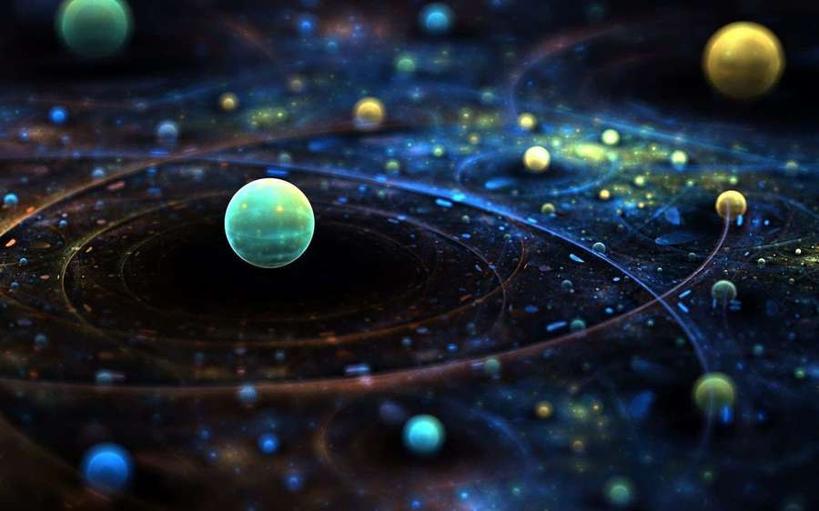 A teal planet orbits in a cosmic scene with glowing orbs and swirling dust. — Physics Picture