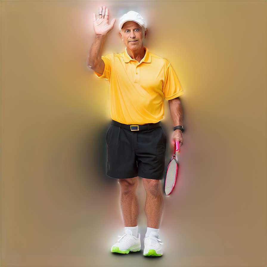 Senior man waving with tennis racket in yellow shirt and black shorts. — Pickleball Background