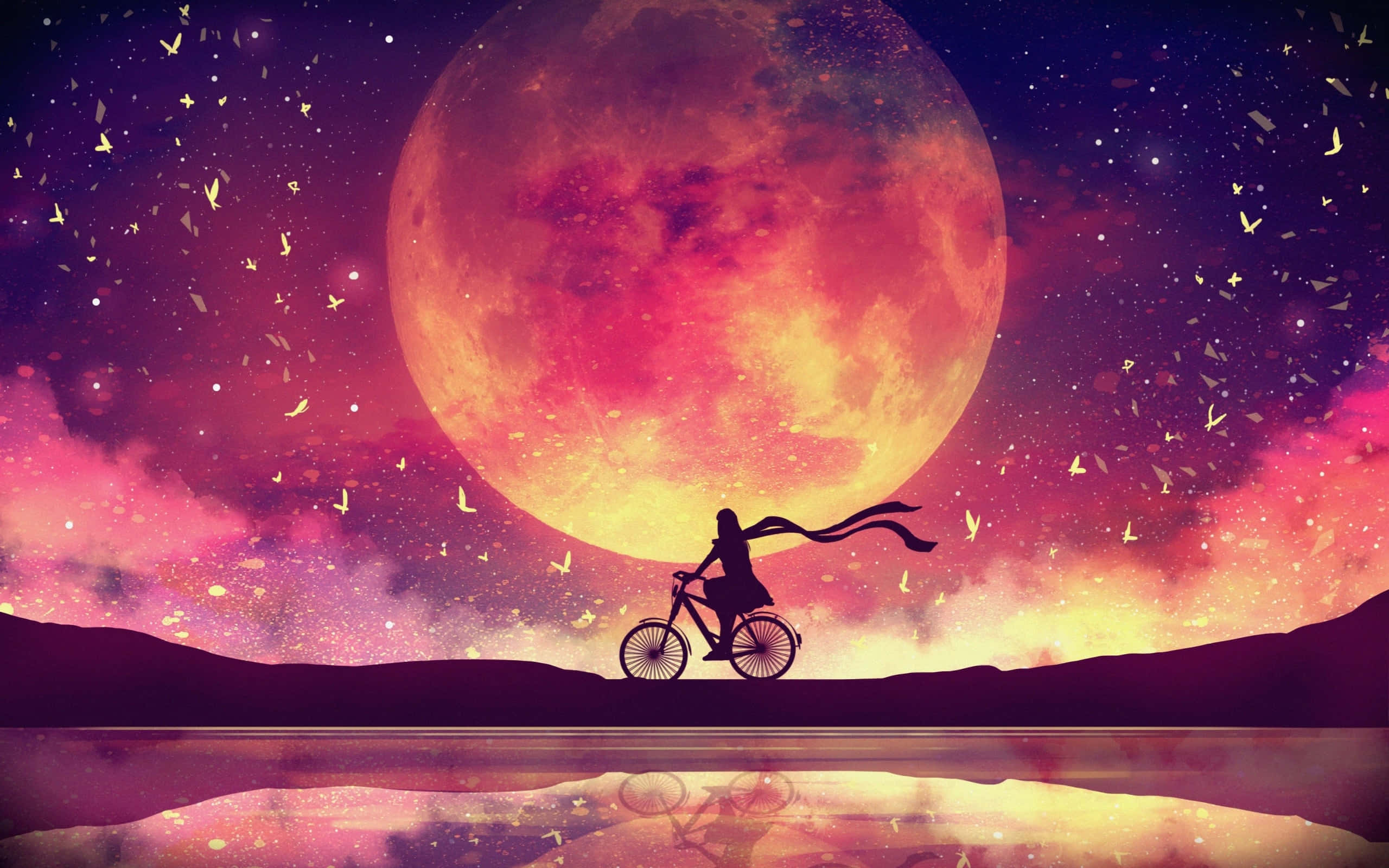 Silhouette of a cyclist riding under a giant glowing moon with starry sky and water reflection. — Picture