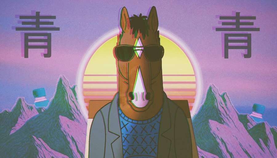A cartoon horse wearing sunglasses and a jacket against a purple mountain sunset with Chinese characters. — Pictures