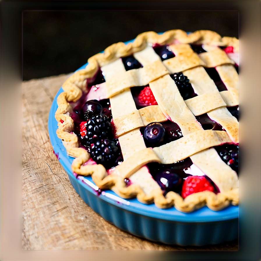 A berry pie with lattice crust in a blue dish on a wooden table. — Pie PNG