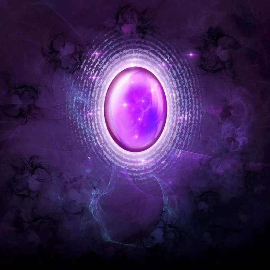 Un huevo cósmico púrpura brillante rodeado de energía fractal giratoria y nebulosas oscuras. — Piedra de Poder Fondos de pantalla