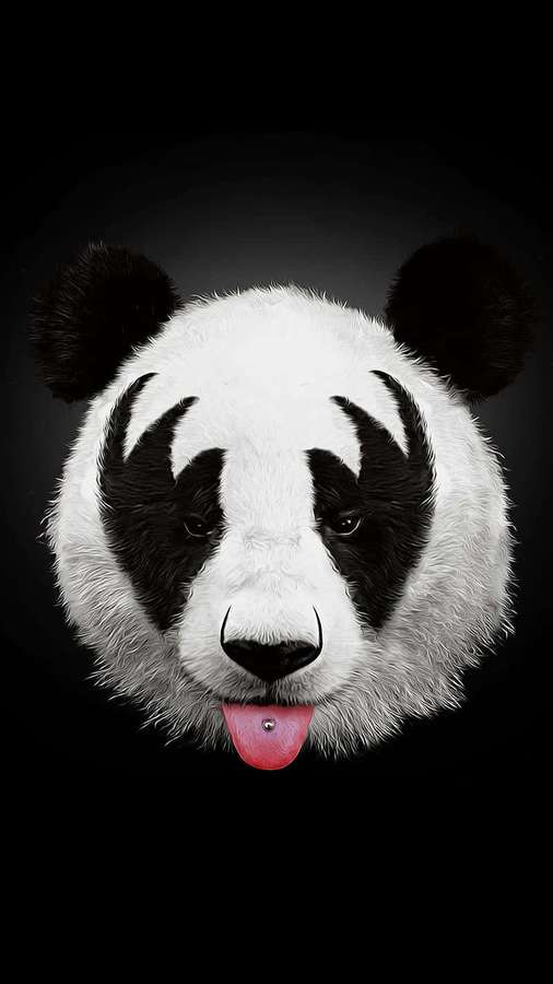 Ein Panda mit herausgestreckter Zunge vor schwarzem Hintergrund. — Piercing Bilder