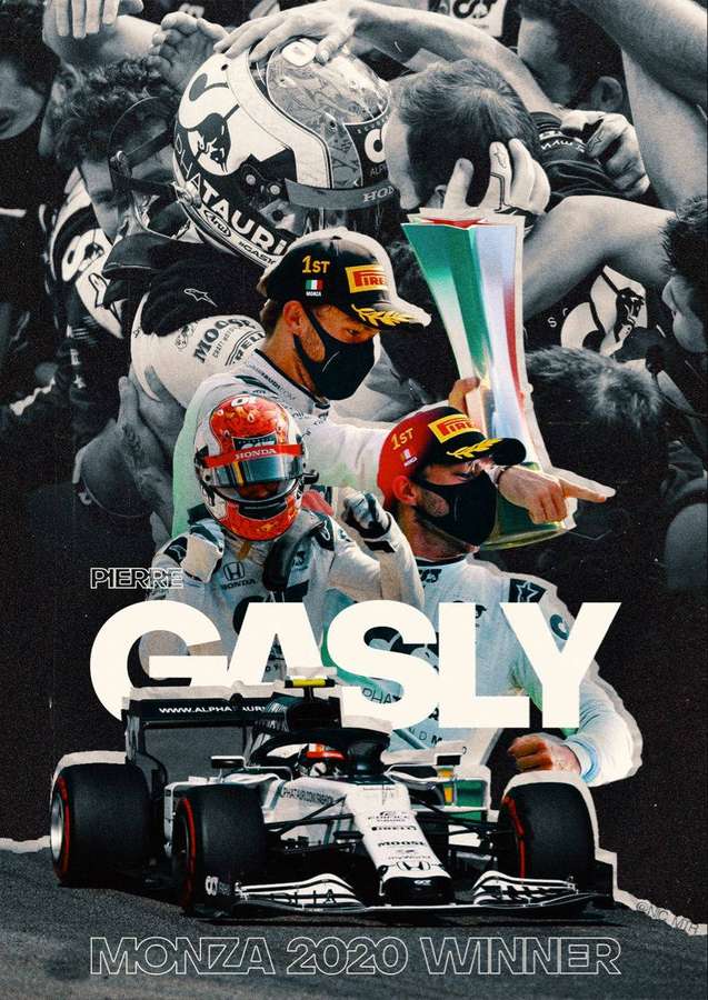 Pierre Gasly feiert seinen Formel-1-Sieg in Monza 2020 mit Fans und Trophäe. — Pierre gasly Bilder