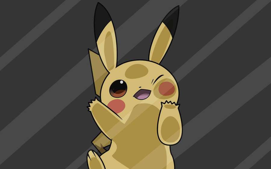 En tegneserie-Pikachu blinker og vinker med begge poter mod en grå stribet baggrund. — Pikachu 3d Wallpapers