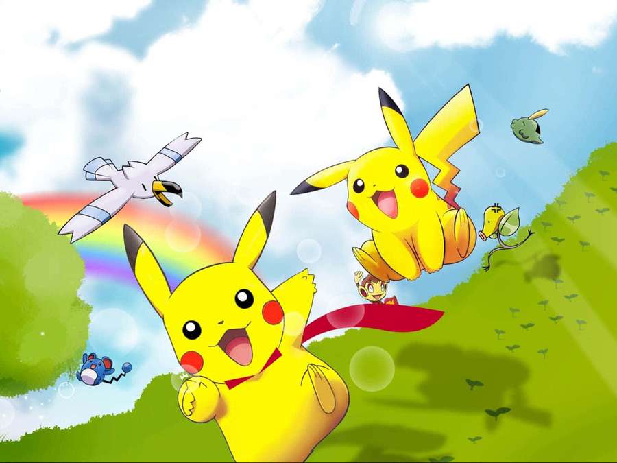 Two Pikachu playfully jumping in a sunny field with a rainbow and bubbles. — Pikachu Background
