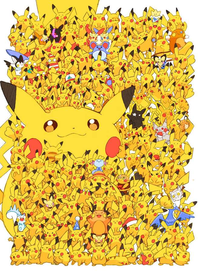 A giant Pikachu made of many smaller Pikachu and other Pokémon characters. — Pikachu iPhone Background