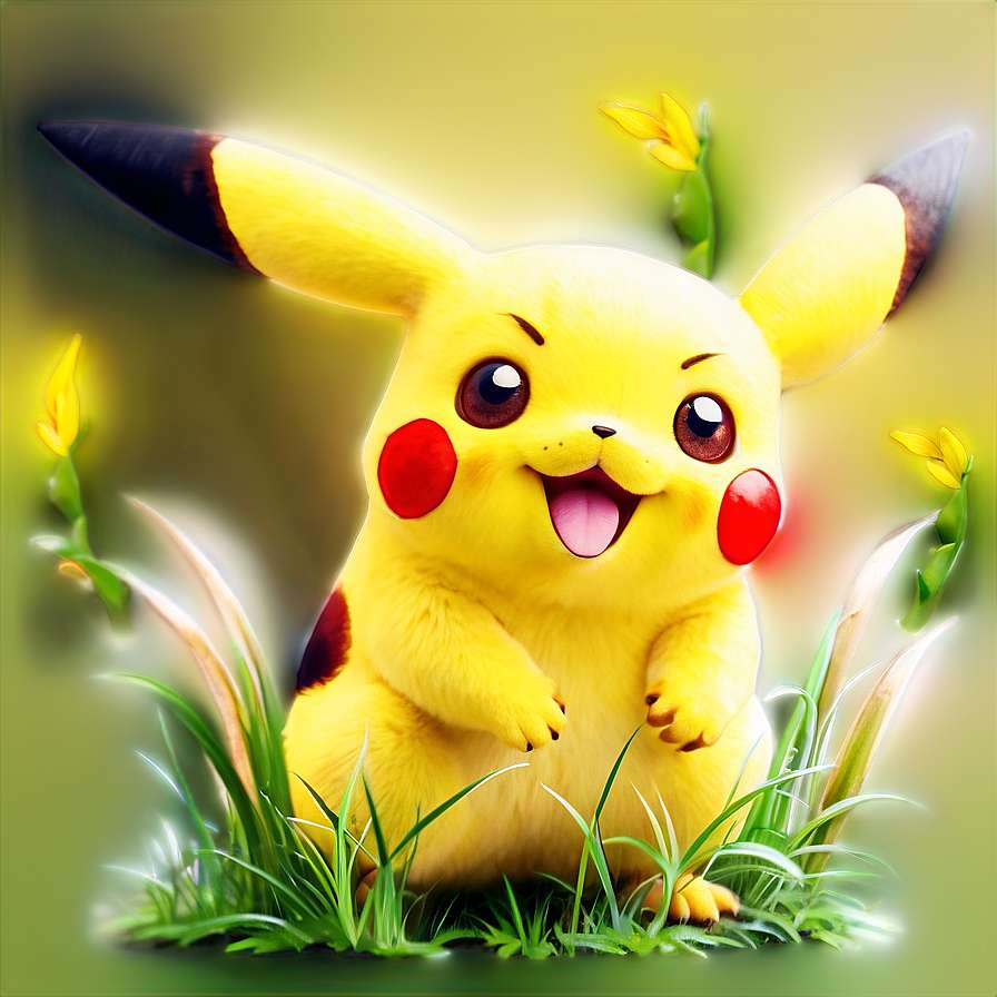 A smiling Pikachu sitting in grass with glowing flowers around it. — Pikachu PNG