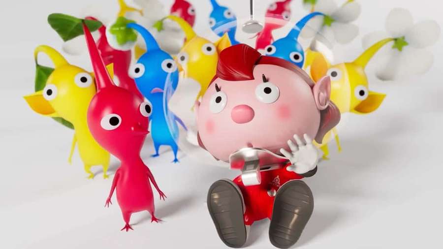 Karakter berambut merah muda dikelilingi mainan Pikmin berwarna-warni di latar belakang putih. — Pikmin 4 Wallpaper