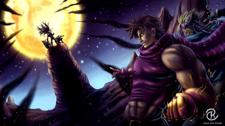 Anime warrior in purple standing before giant hand holding small figures under glowing sun. — Pillar Men Wallpaper