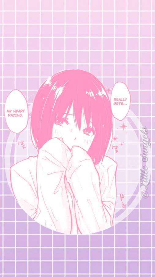 Fille d'anime aux cheveux roses rougit et se couvre la bouche avec des bulles de dialogue disant 'Mon cœur s'emballe' et 'Vraiment obtient...' sur un fond de grille. — Pink Aesthetic Fonds d'écran