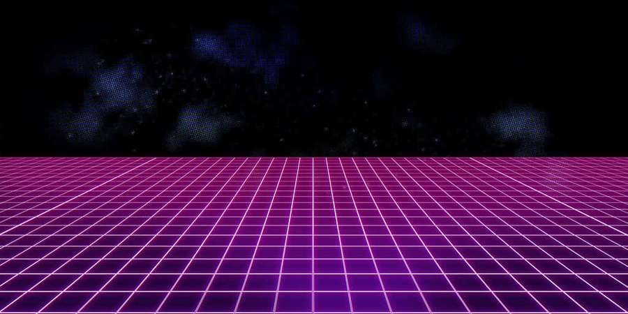Neon pink grid floor under a starry pixelated night sky. — Pink Grid Background