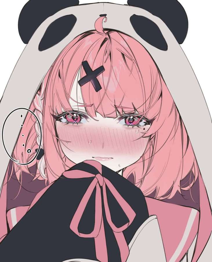 Pink-haired anime girl wearing panda hoodie with black cross on forehead and teary eyes. — Pink Pfp Wallpaper