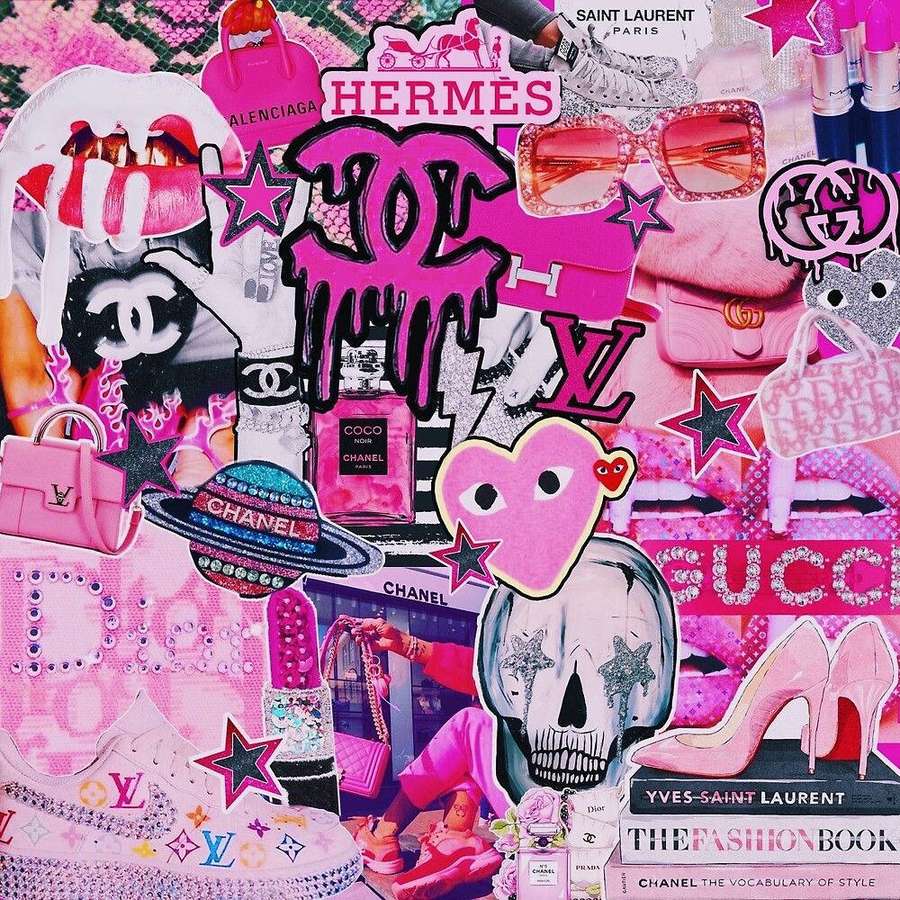 Pink luxury fashion collage with brands, skulls, and glittery accessories. — Pink Preppy Wallpaper