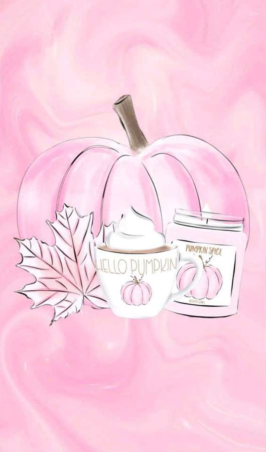 Pink pumpkin, maple leaf, and pumpkin spice latte cup on swirling pink background. — Pink Pumpkin Wallpaper